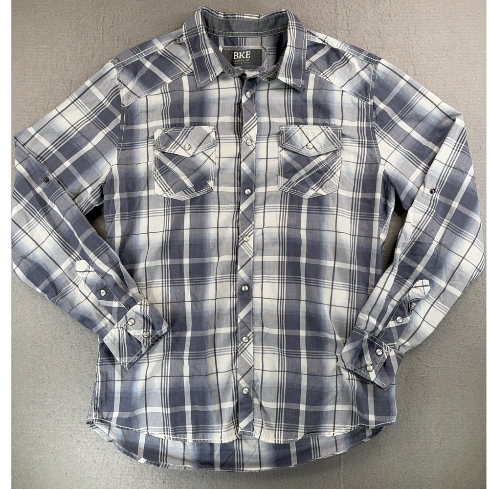 BKE Mens Athletic Fit Plaid Western Pearl Snap Long Sleeve Shirt Black White L